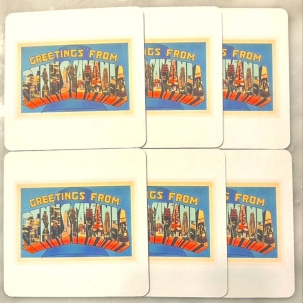 NWT Greetings From PA Vintage Postcard Souvenir Coasters SET OF 6